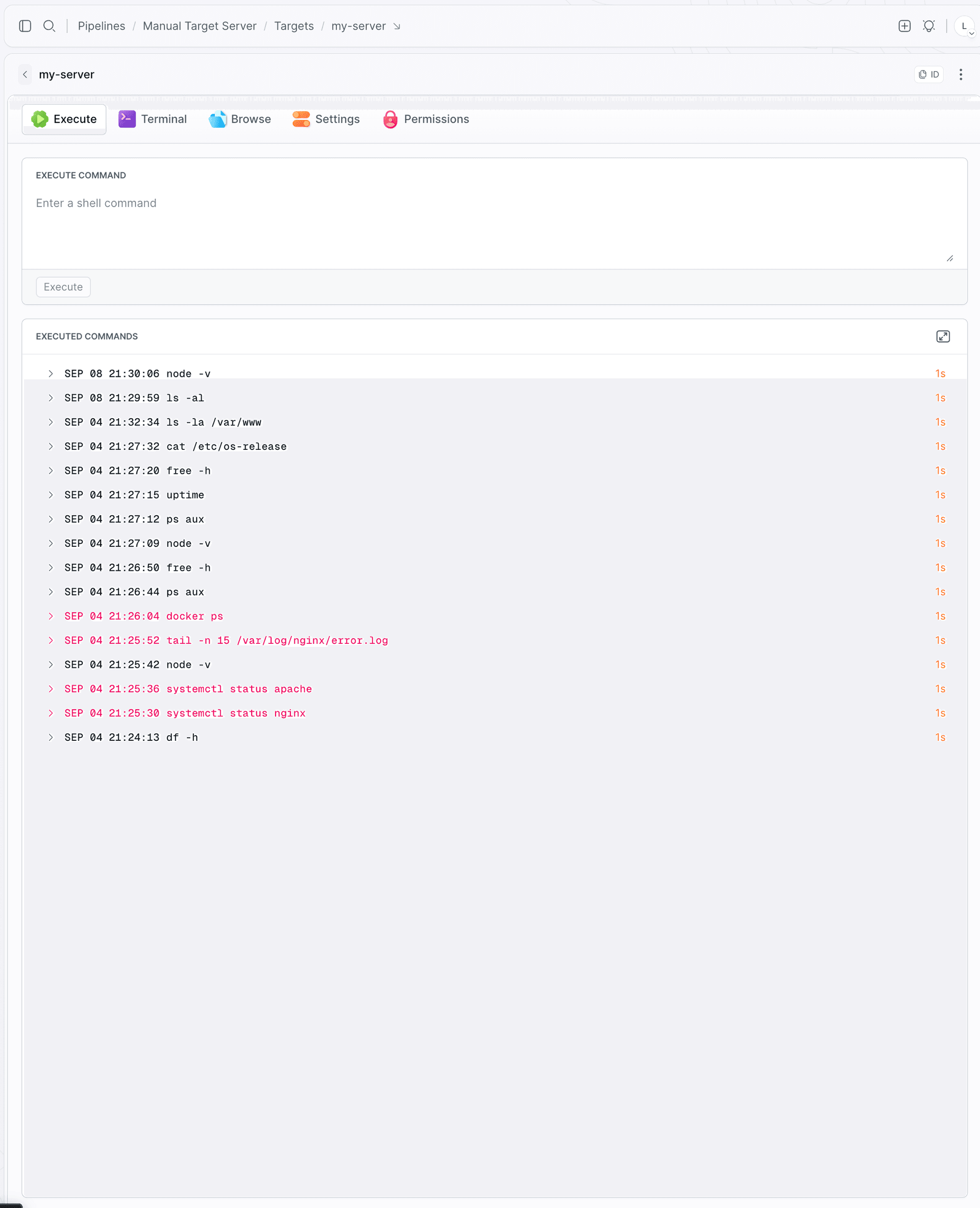 Execute tab with the history of executed commands