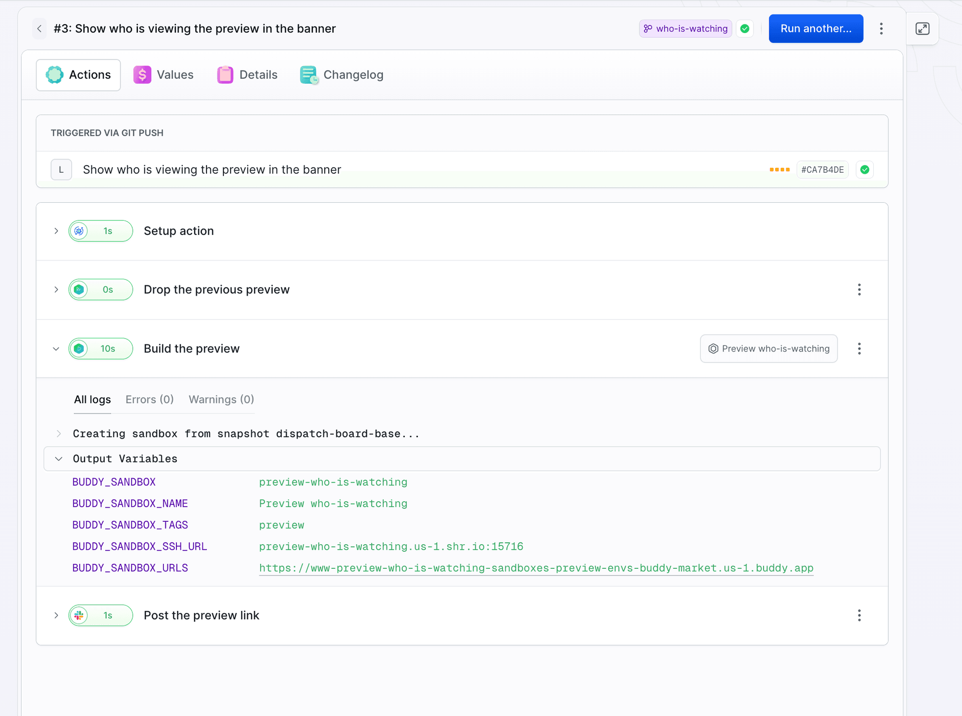 Run of the preview-up pipeline for the who-is-watching branch, the Build the preview action with the BUDDY_SANDBOX_URLS output