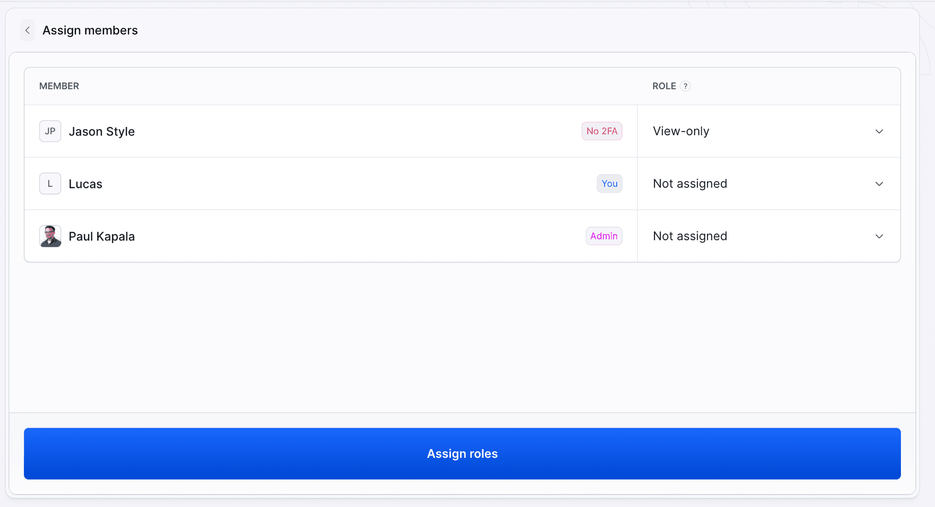 Assign members dialog: a list of workspace members with a role picker per row, one member set to View-only, the Assign roles button at the bottom
