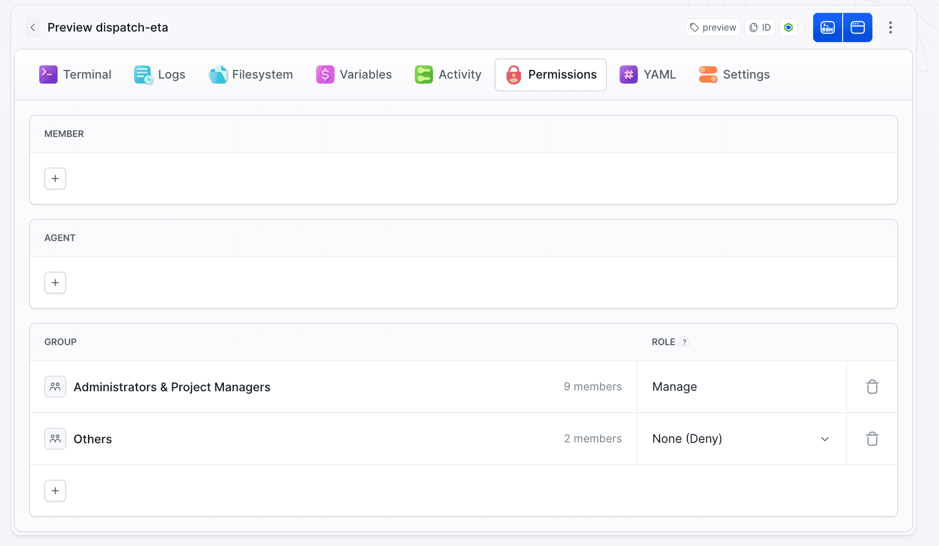Permissions tab of the preview sandbox: Member, Agent and Group sections, the Administrators & Project Managers row with the Manage role and the Others row set to None (Deny)