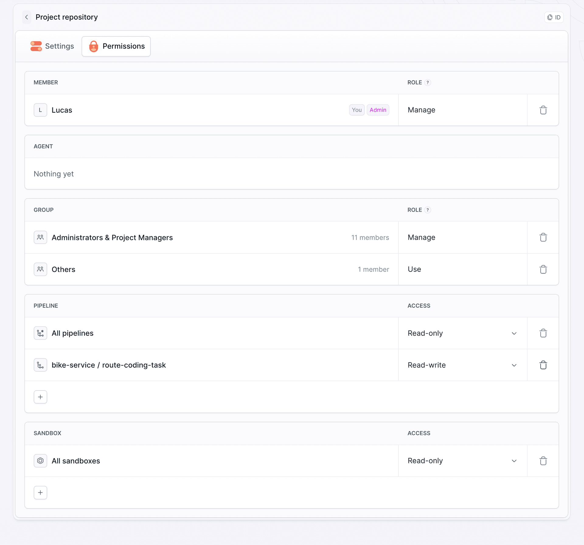Permissions tab of the Project repository target: All pipelines set to Read-only, bike-service / route-coding-task set to Read-write