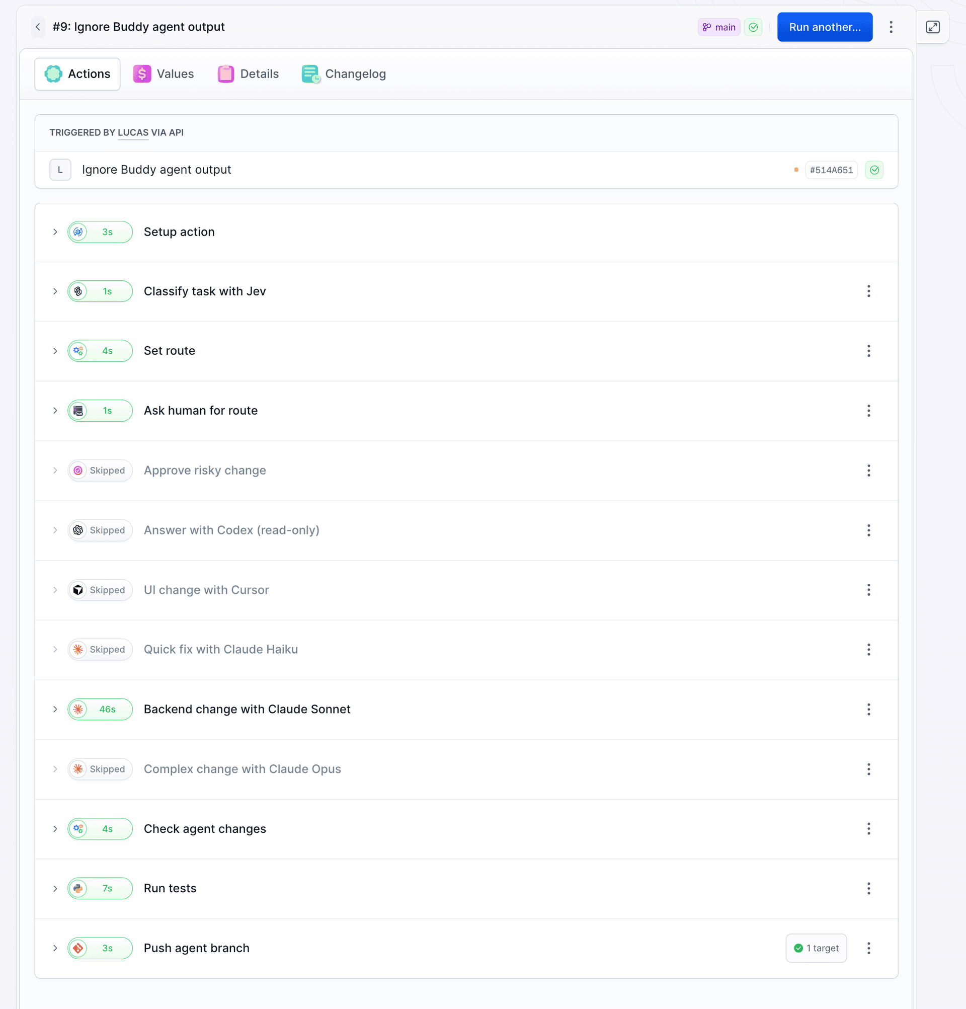 Run #9 in Buddy: Sonnet, Check agent changes, Run tests and Push agent branch are green, the other agents are skipped