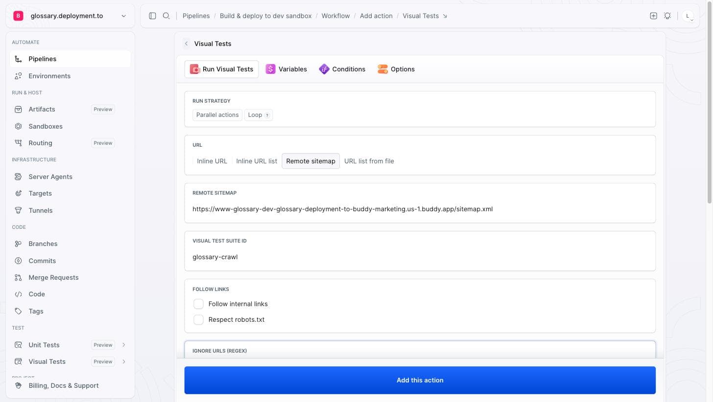 Visual Tests action config: Remote sitemap, Glossary Crawl suite selected, IGNORE URLS with the dark-launch regex