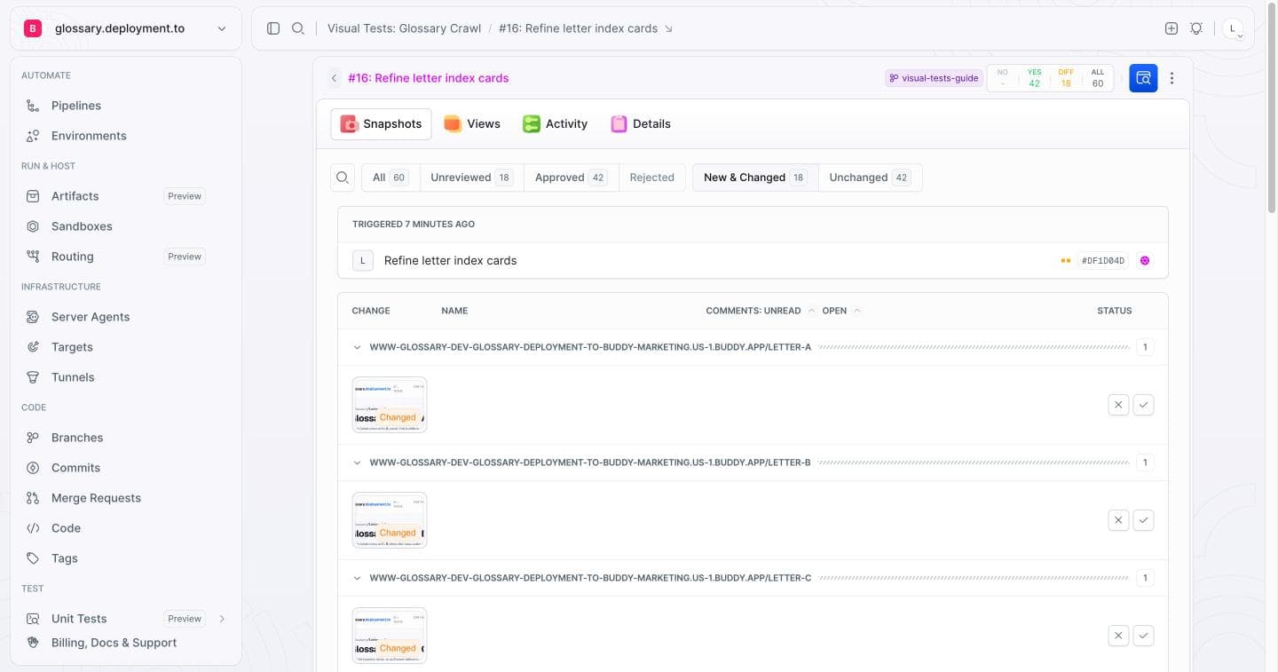 Snapshot list: the New & Changed filter shows 18 changed letter pages, counters YES 42 / DIFF 18 / ALL 60