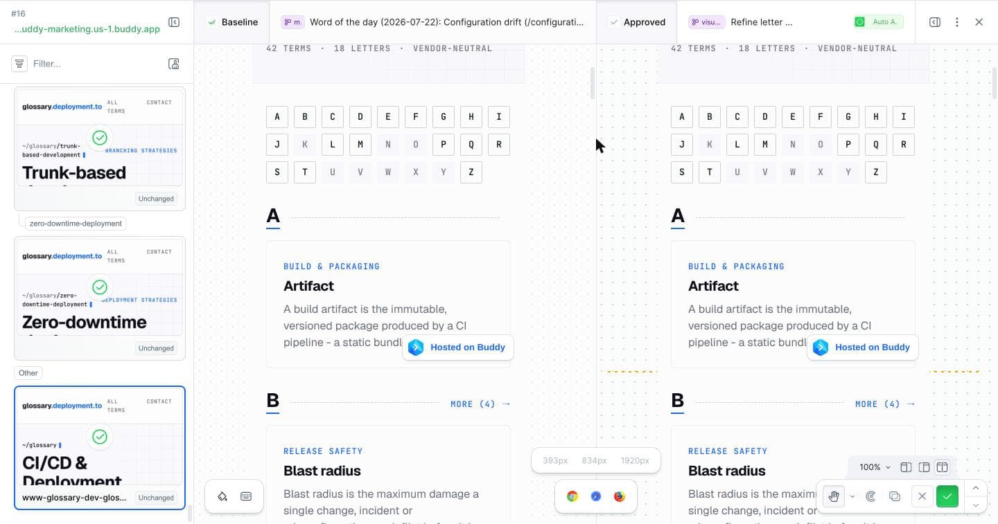 Side-by-side review of the home page: both versions identical with the blue accent, tagged Unchanged