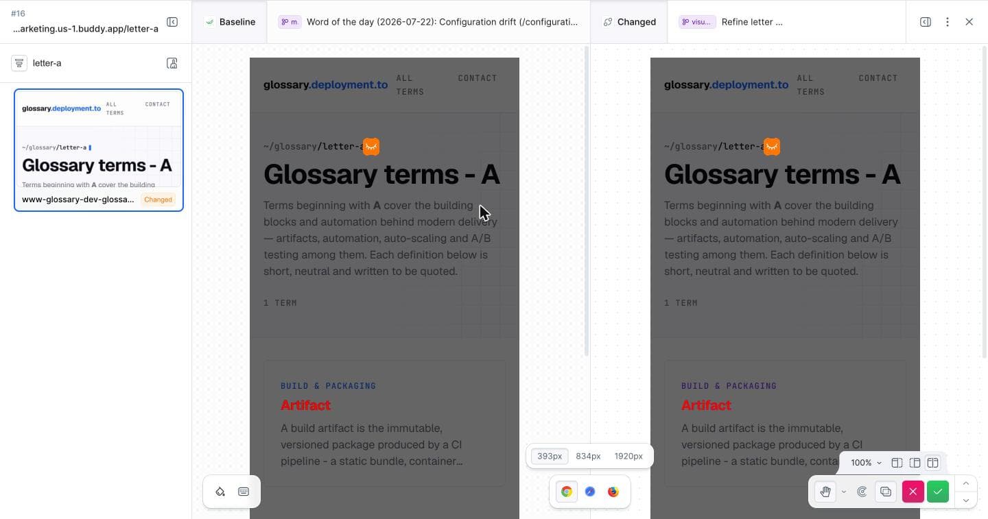 The /letter-a/ page with Show differences on: the changed regions highlighted in red