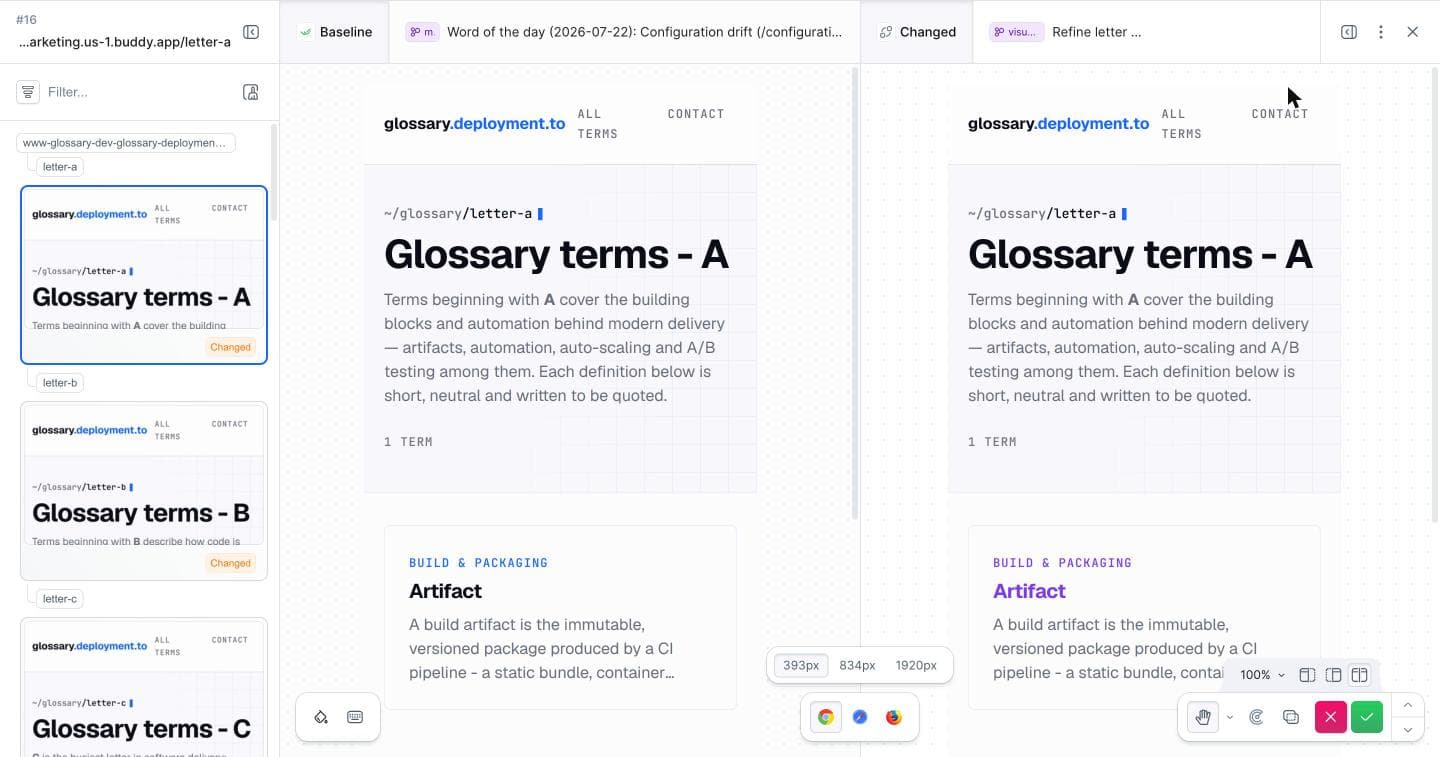 Side-by-side review of /letter-a/: baseline with blue accent on the left, purple-accent version on the right