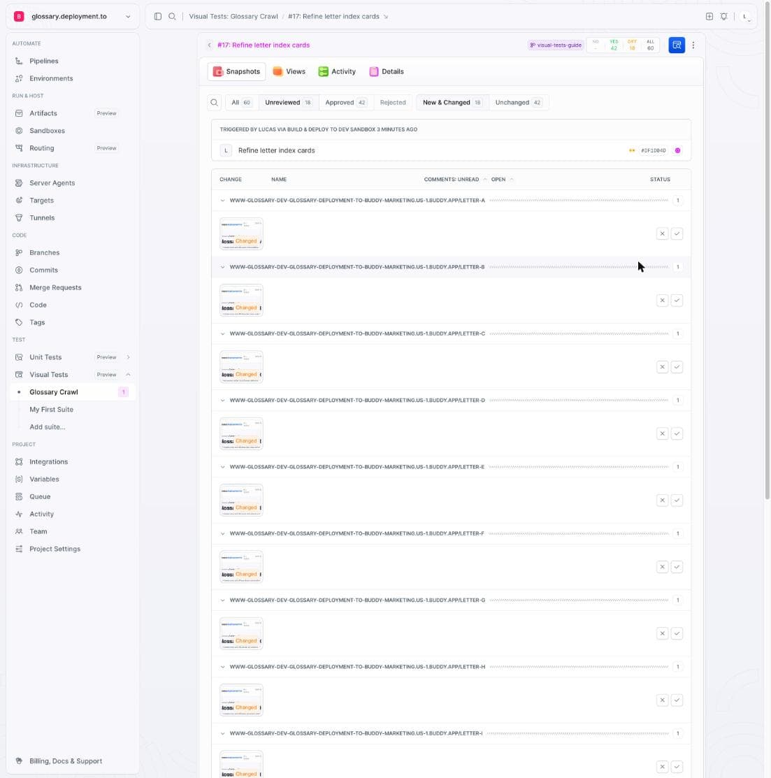 Crawl session from the pipeline: 18 changed letter pages, commit Refine letter index cards