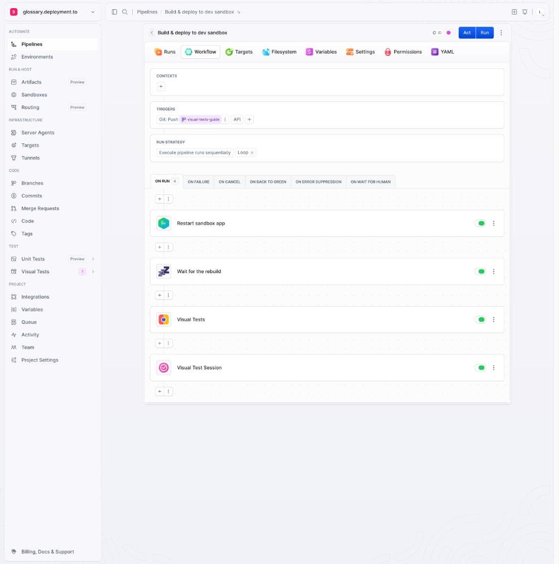 Pipeline workflow with four actions: Restart sandbox app, Wait for the rebuild, Visual Tests, Visual Test Session