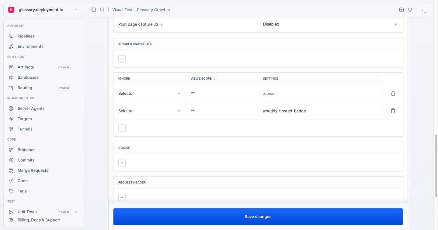 Suite settings: IGNORE Selector .cursor and #buddy-hosted-badge, Post page capture JS disabled