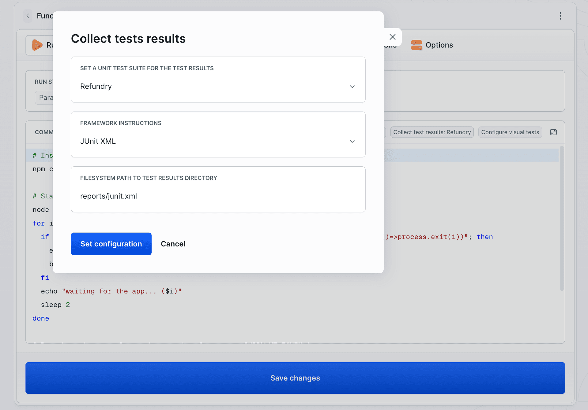 The Collect tests results modal on the tests action: Refundry suite, JUnit XML format, reports/junit.xml path