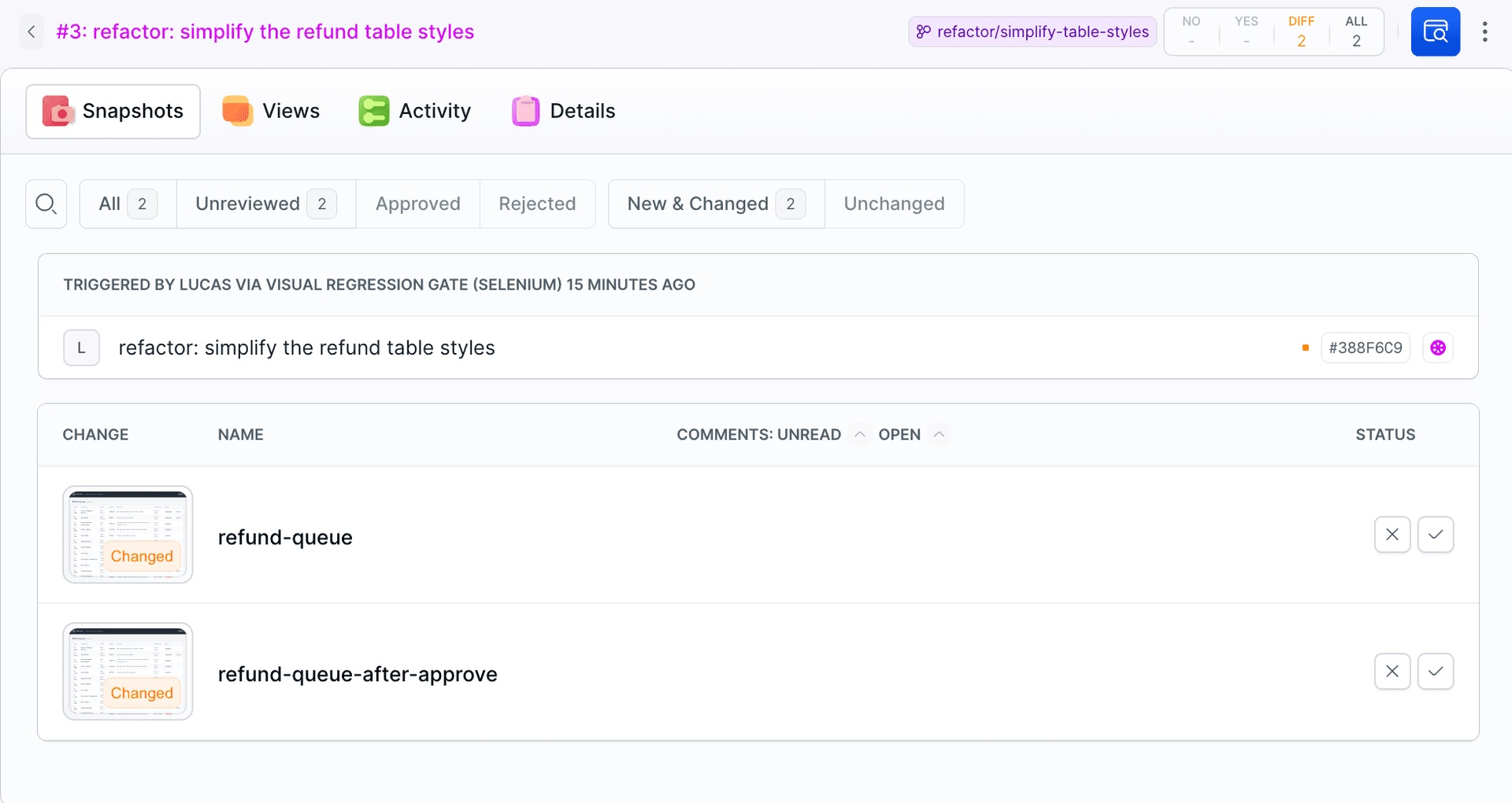 The Visual Tests session from the run: refund-queue and refund-queue-after-approve flagged as Changed, pending review