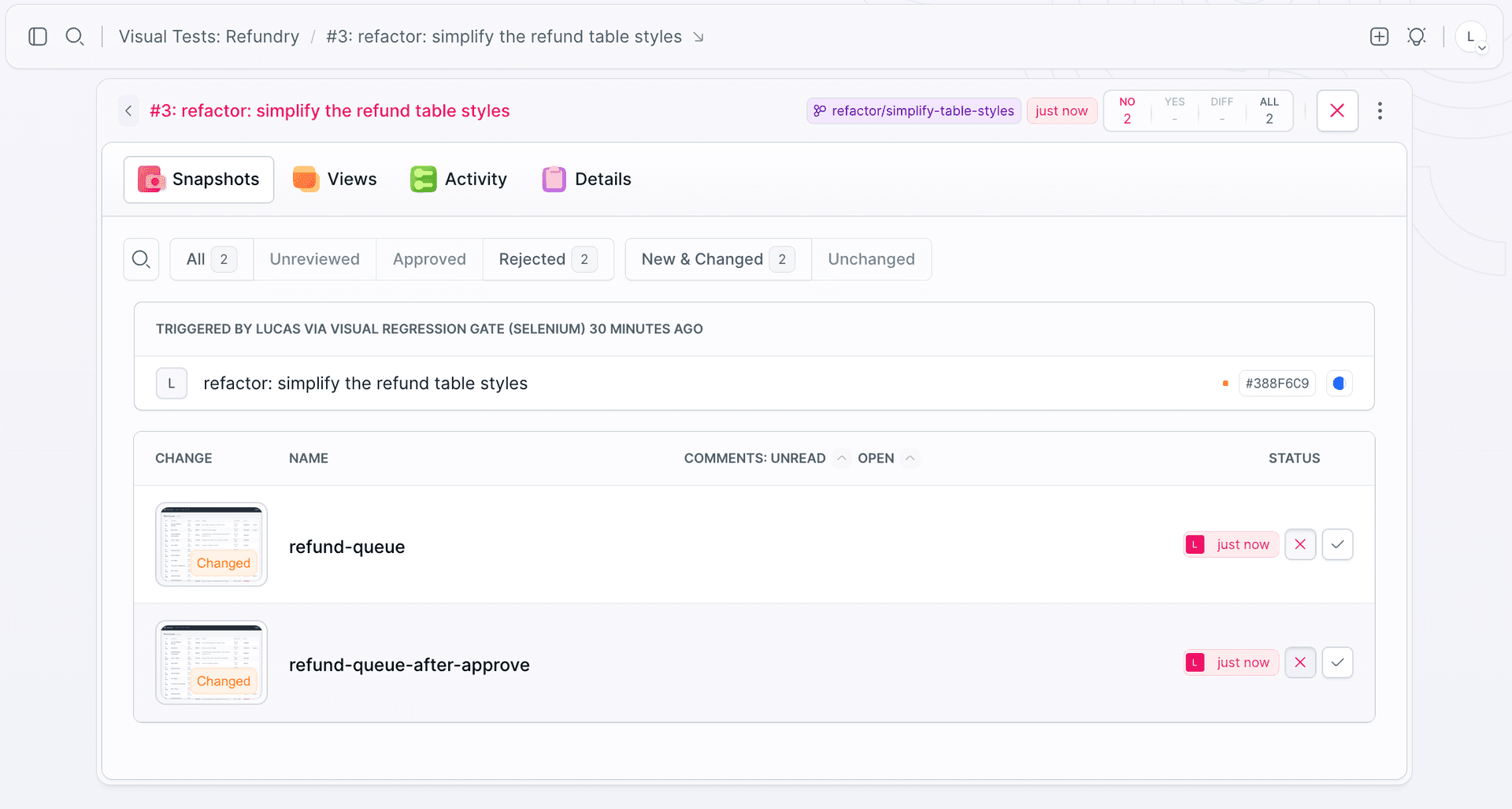 The Visual Tests session after review: both snapshots rejected, counter shows NO 2