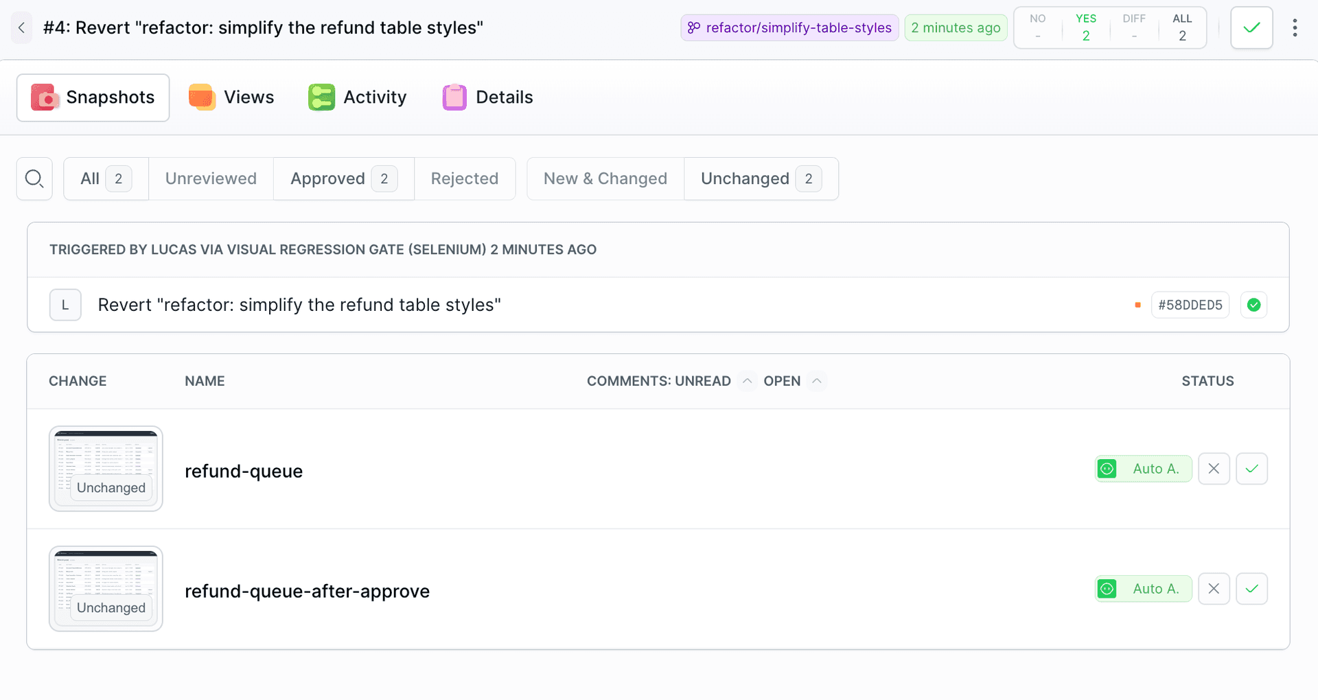 The Visual Tests session after the revert: both snapshots Unchanged, approved automatically