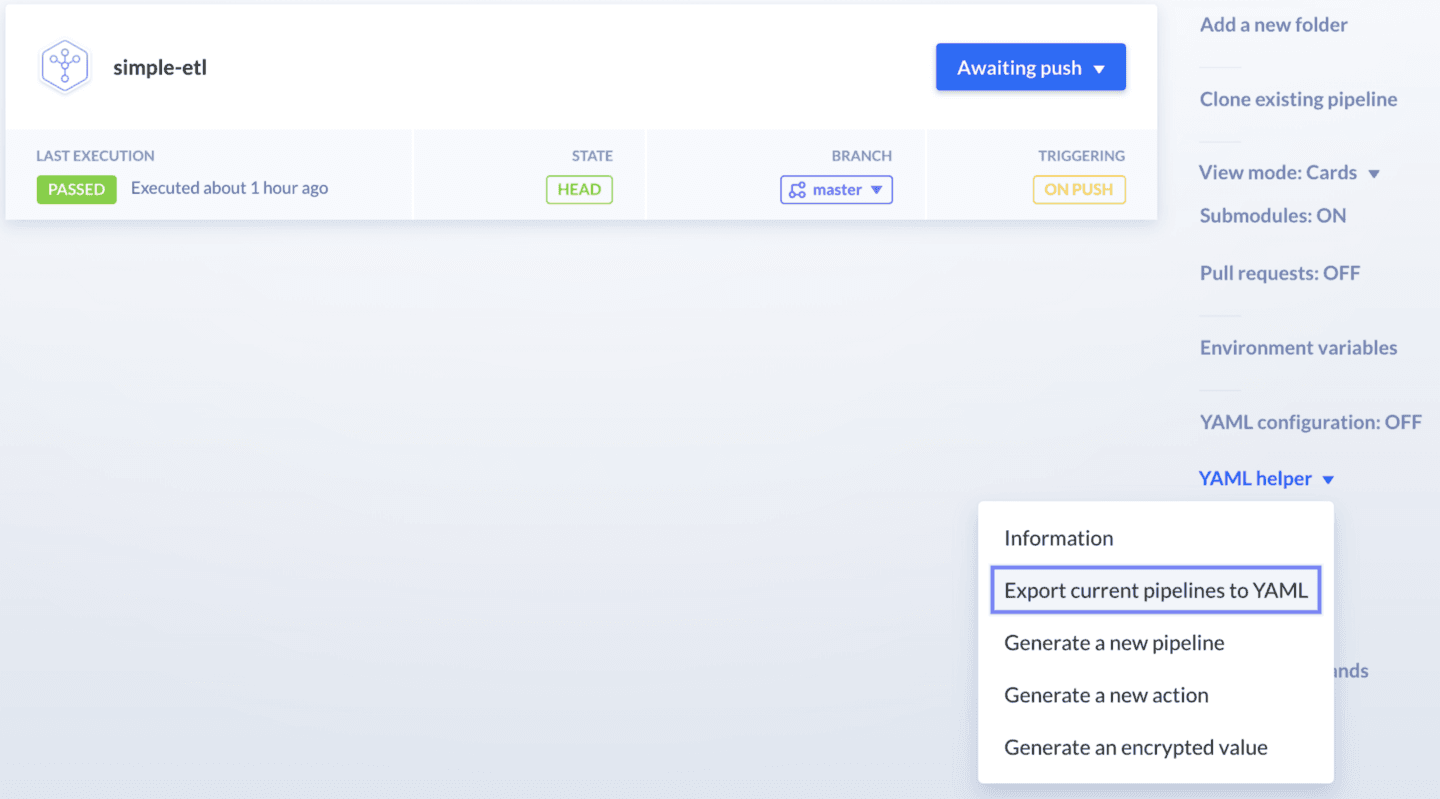 Exporting current pipelines to YAML