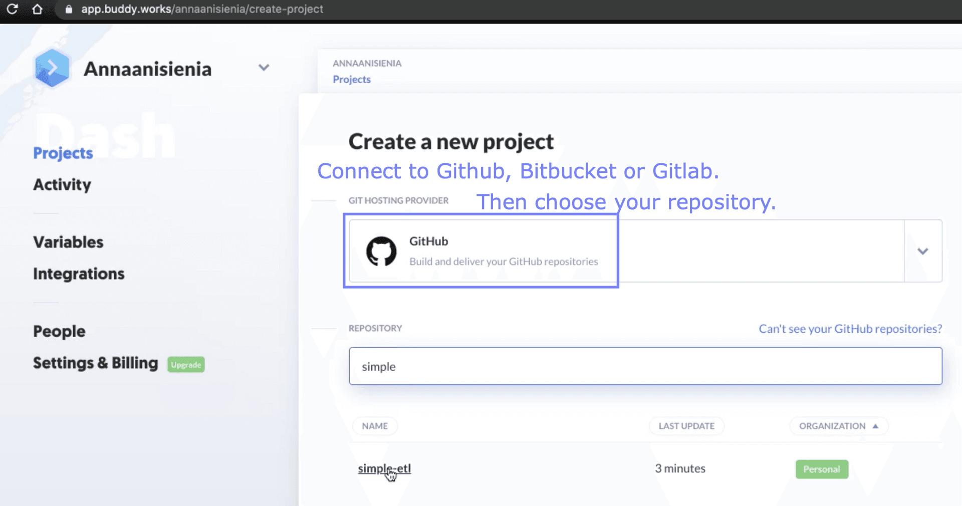 Creating a new project in Buddy