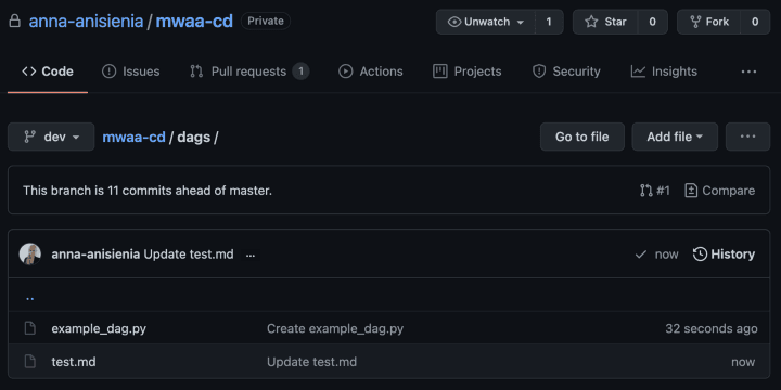 The initial push to test CI/CD pipeline — image by the author