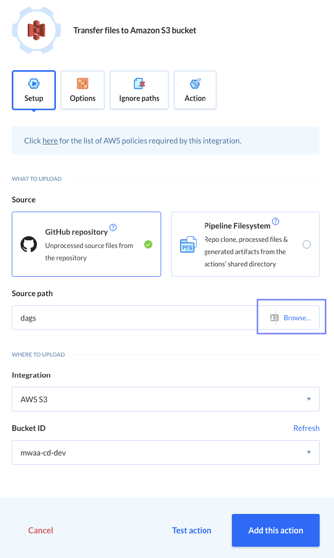 Configure “Action” to upload code to S3 — image by author