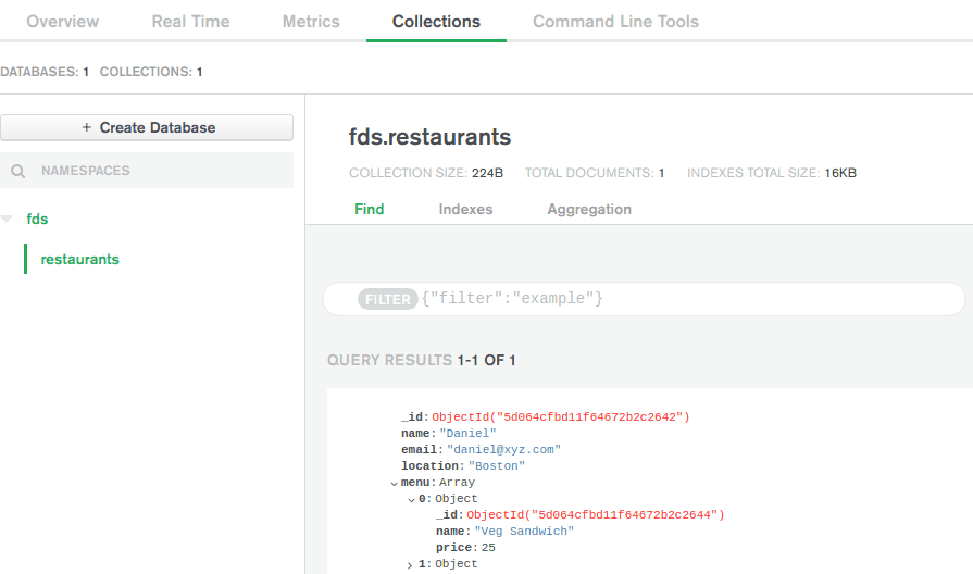 Restaurant collection in MongoDB