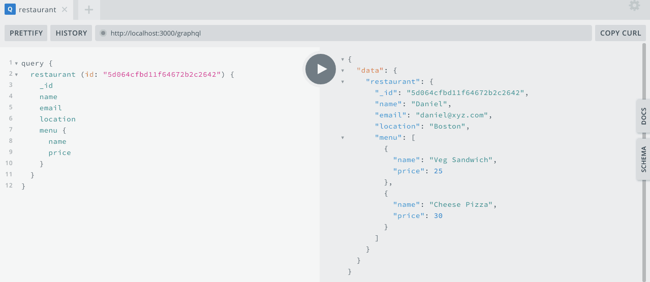 Single restaurant query result