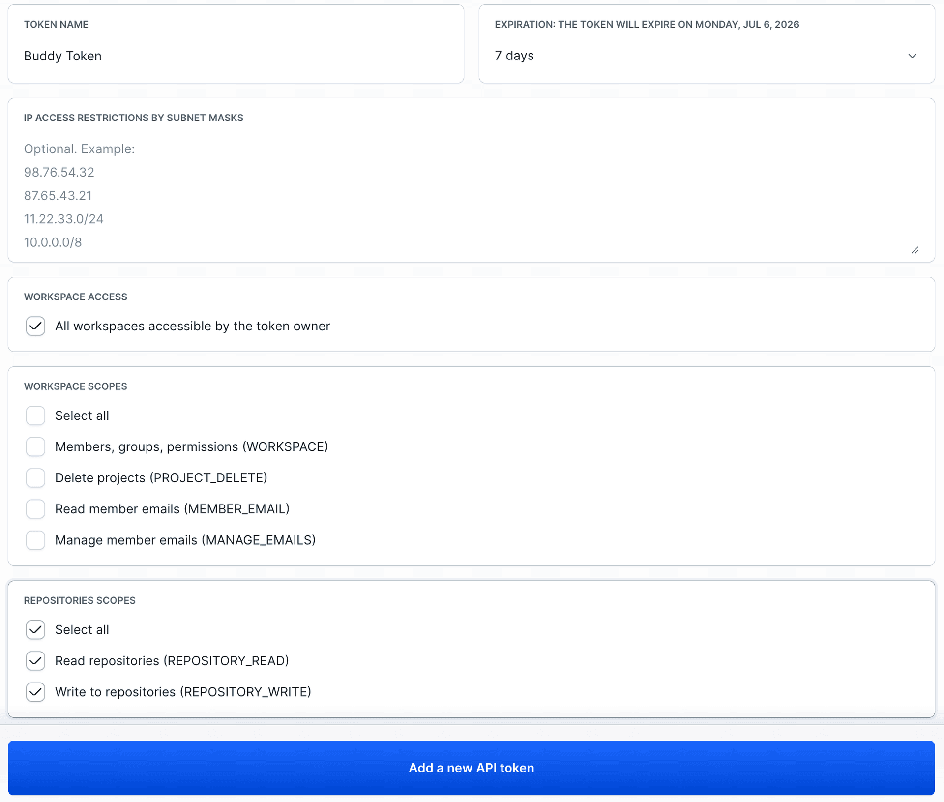 The personal access token form with the Repositories scopes selected