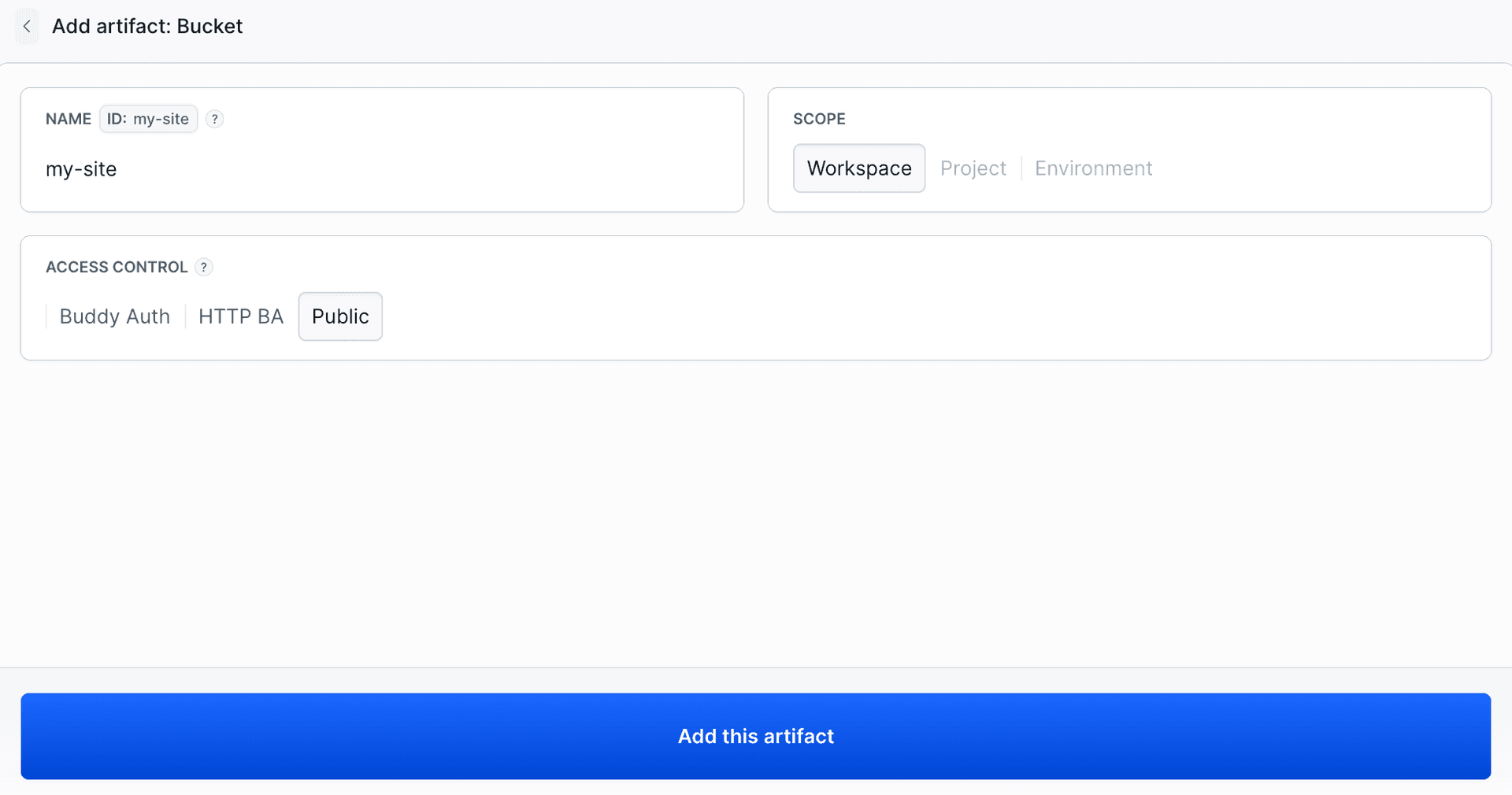 The Add artifact form: name my-site, Workspace scope, Public access control