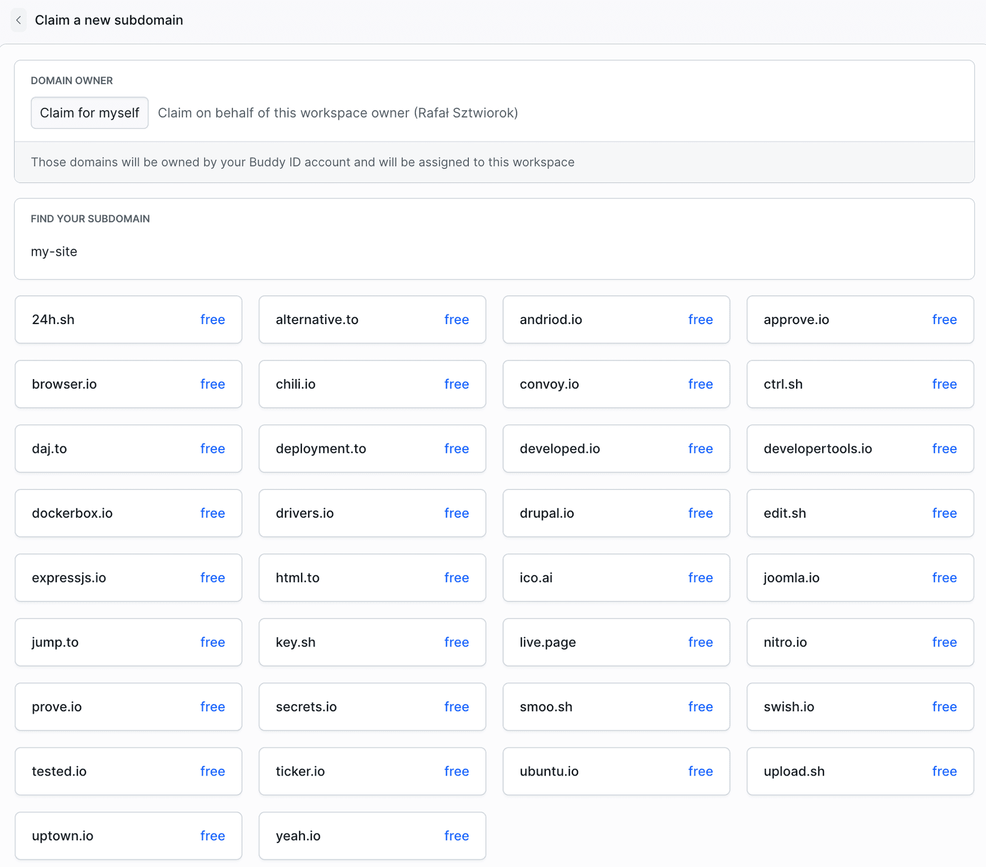 The "Claim a new subdomain" screen with a name entered and the grid of free zones