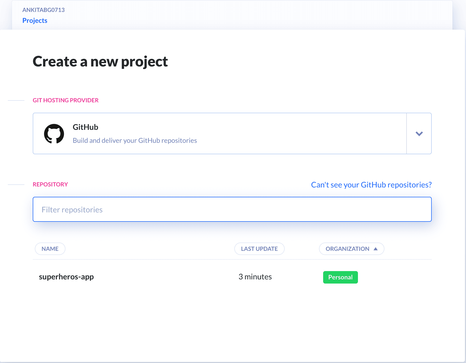 Selecting GitHub repository