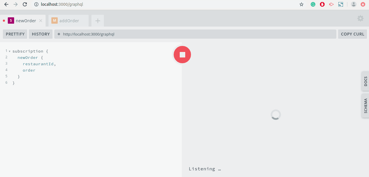 GraphQL Subscription Listening for New Orders