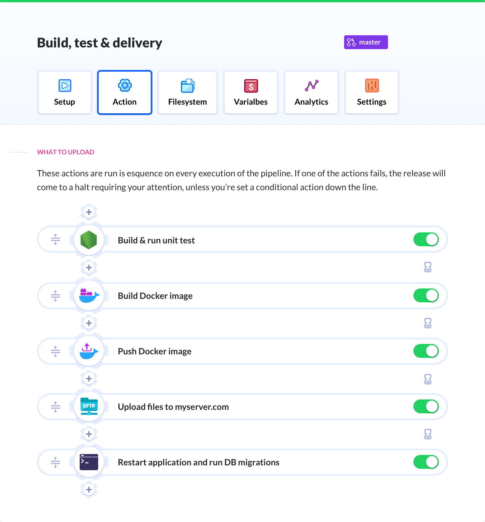 Screenshot of actions in build and delivery processes in Buddy