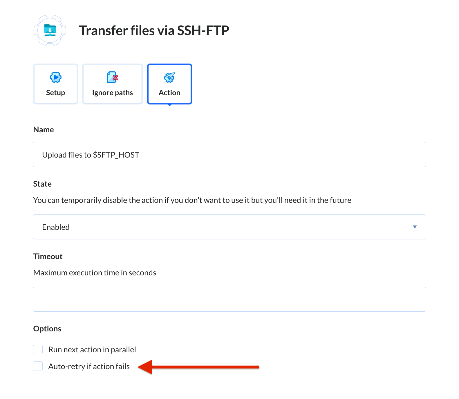 Auto-retry location in the action settings