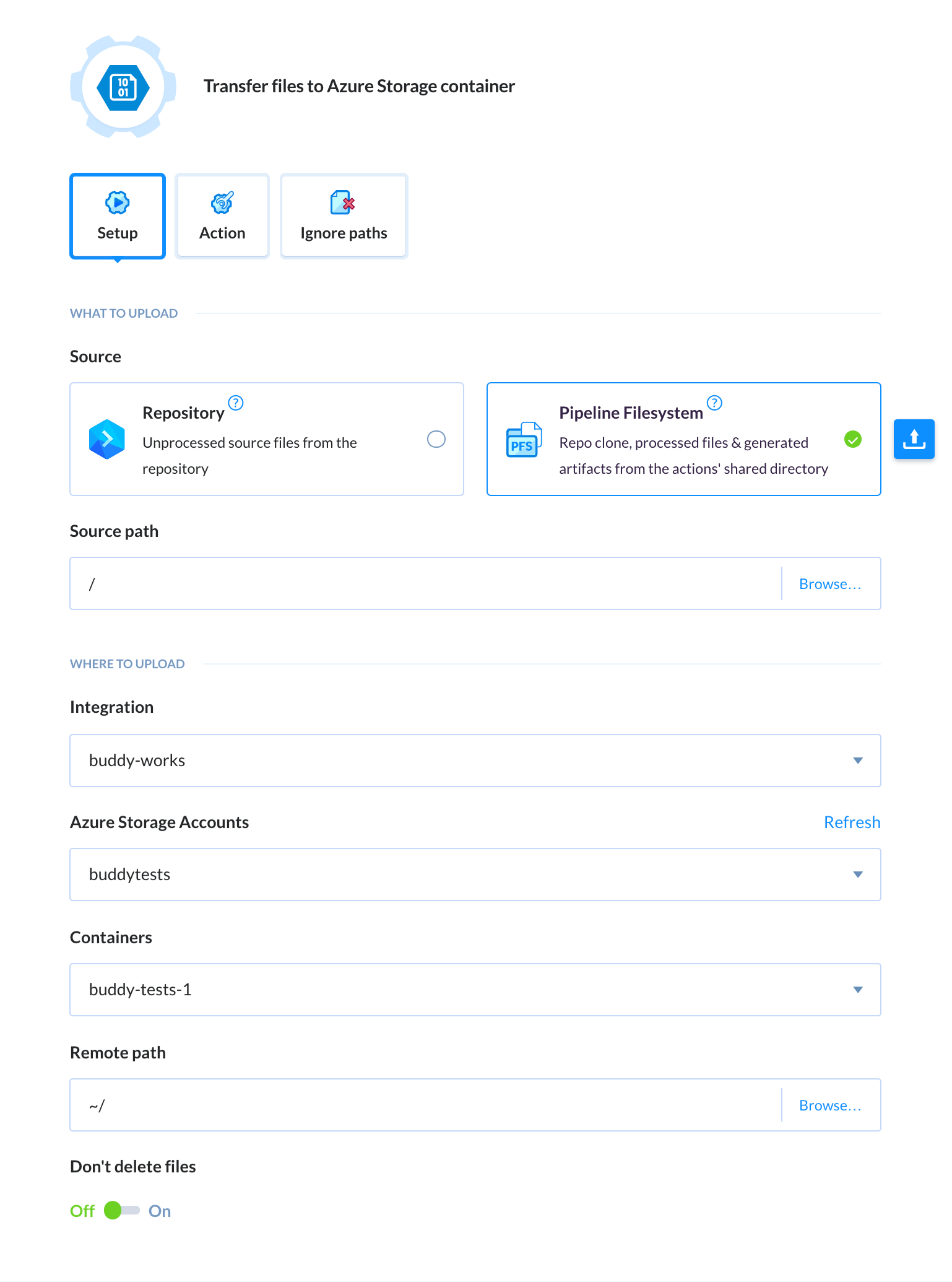 Azure Storage action configuration