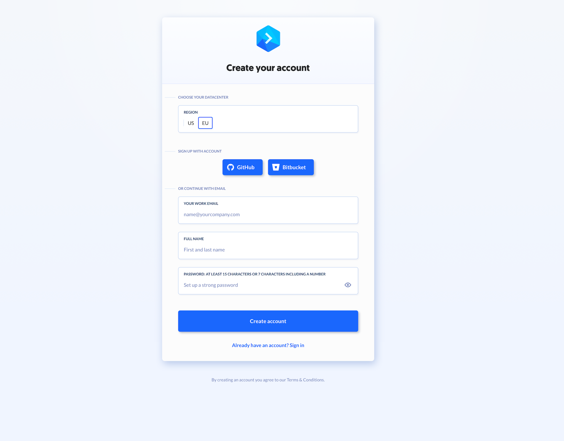 Workspace registration screen with region selection