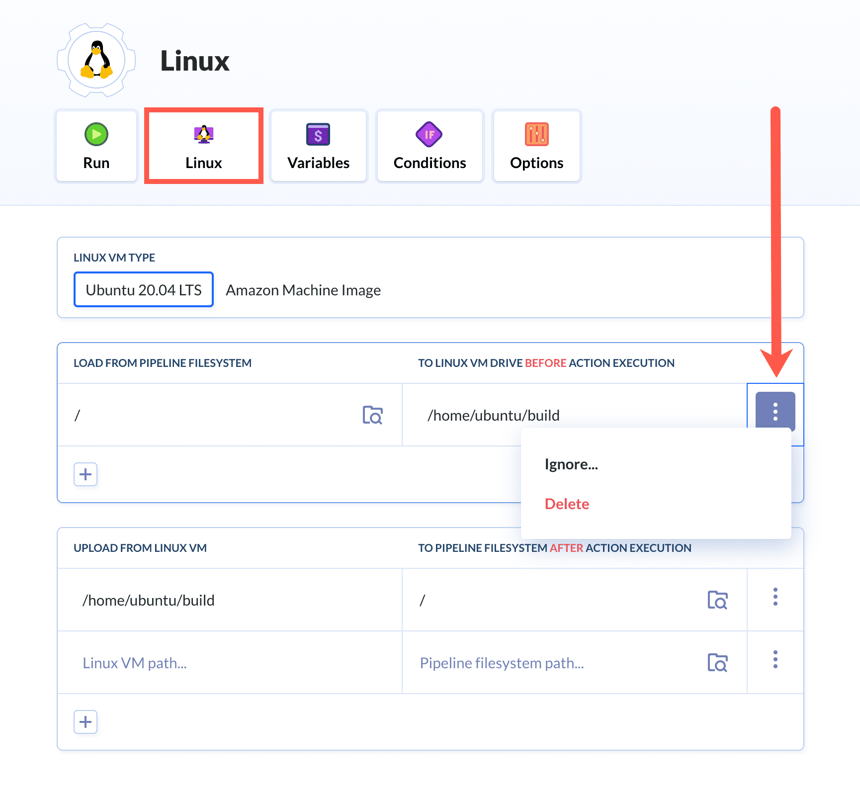 Linux action config with the Ignore button
