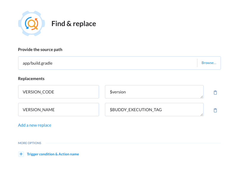 'Find and replace' action configuration