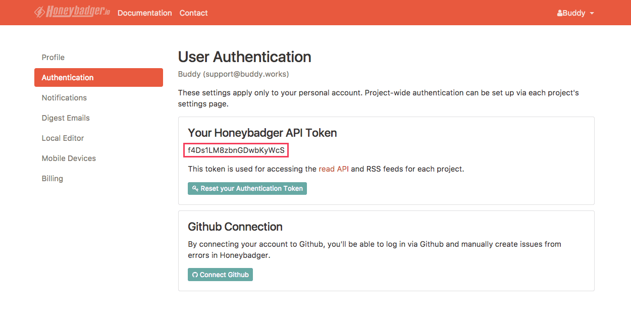 Getting API token from Honeybadger
