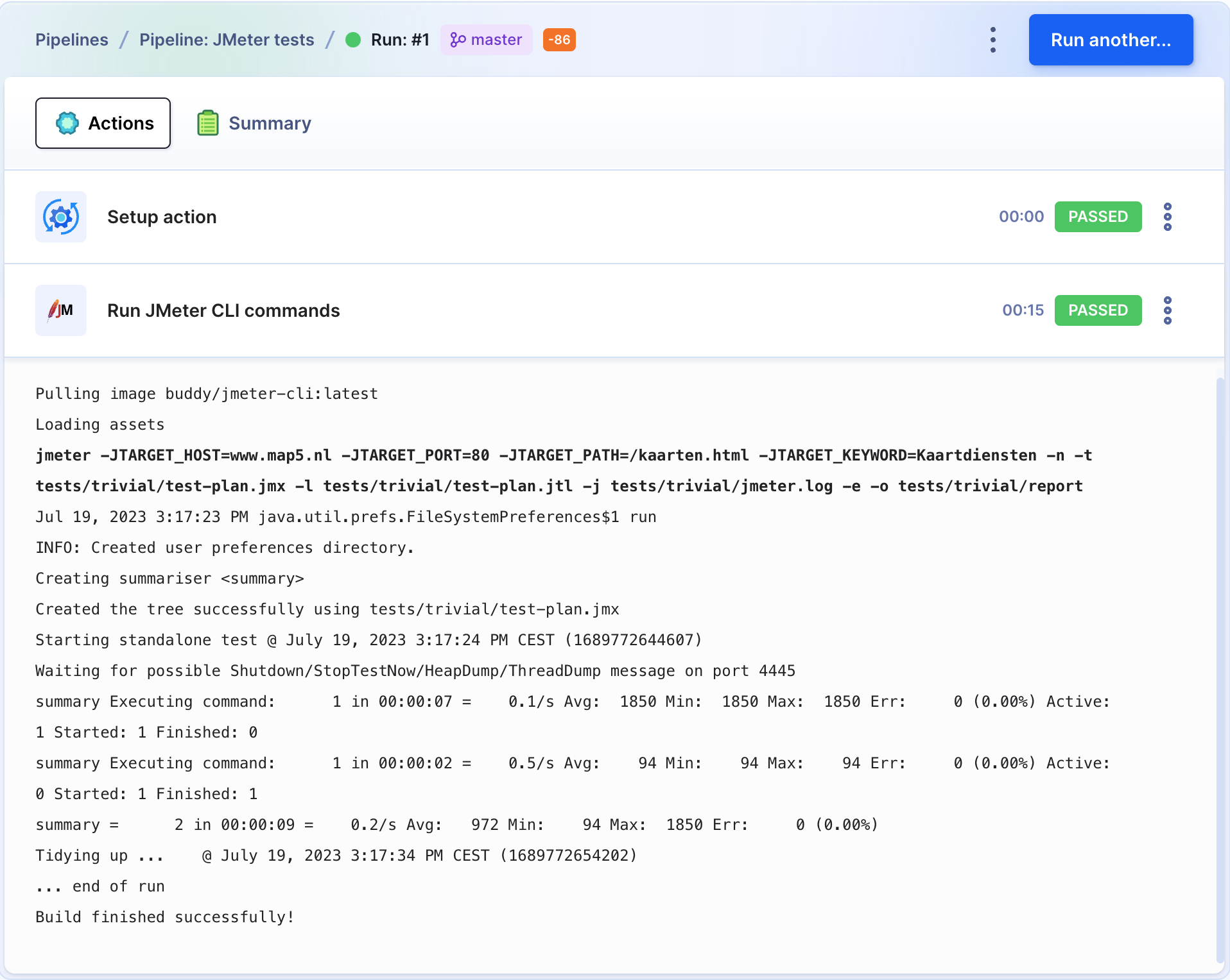 Test results in action logs