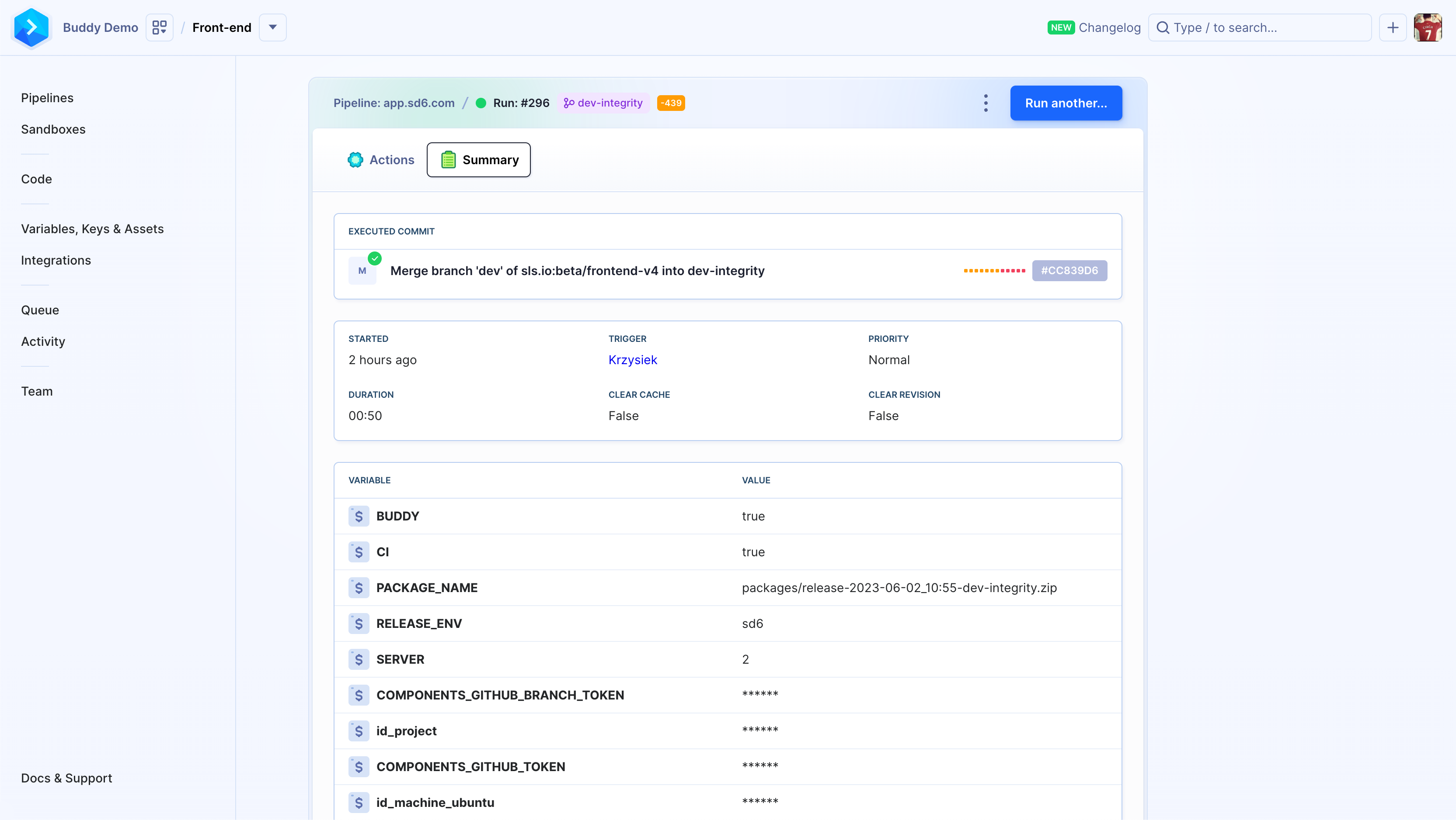 Pipeline run summary view