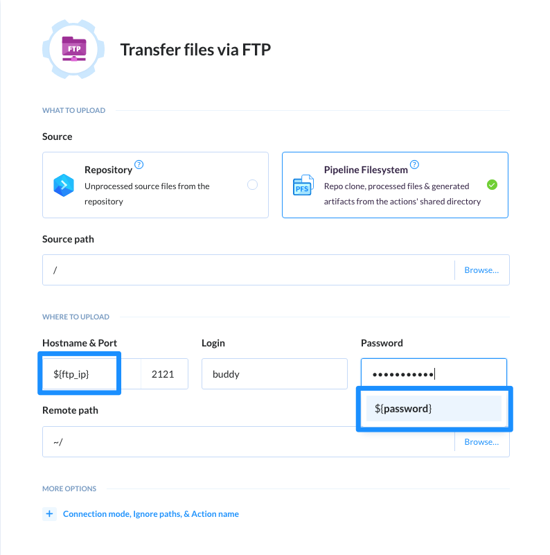 Pass parameter in FTP transfer action