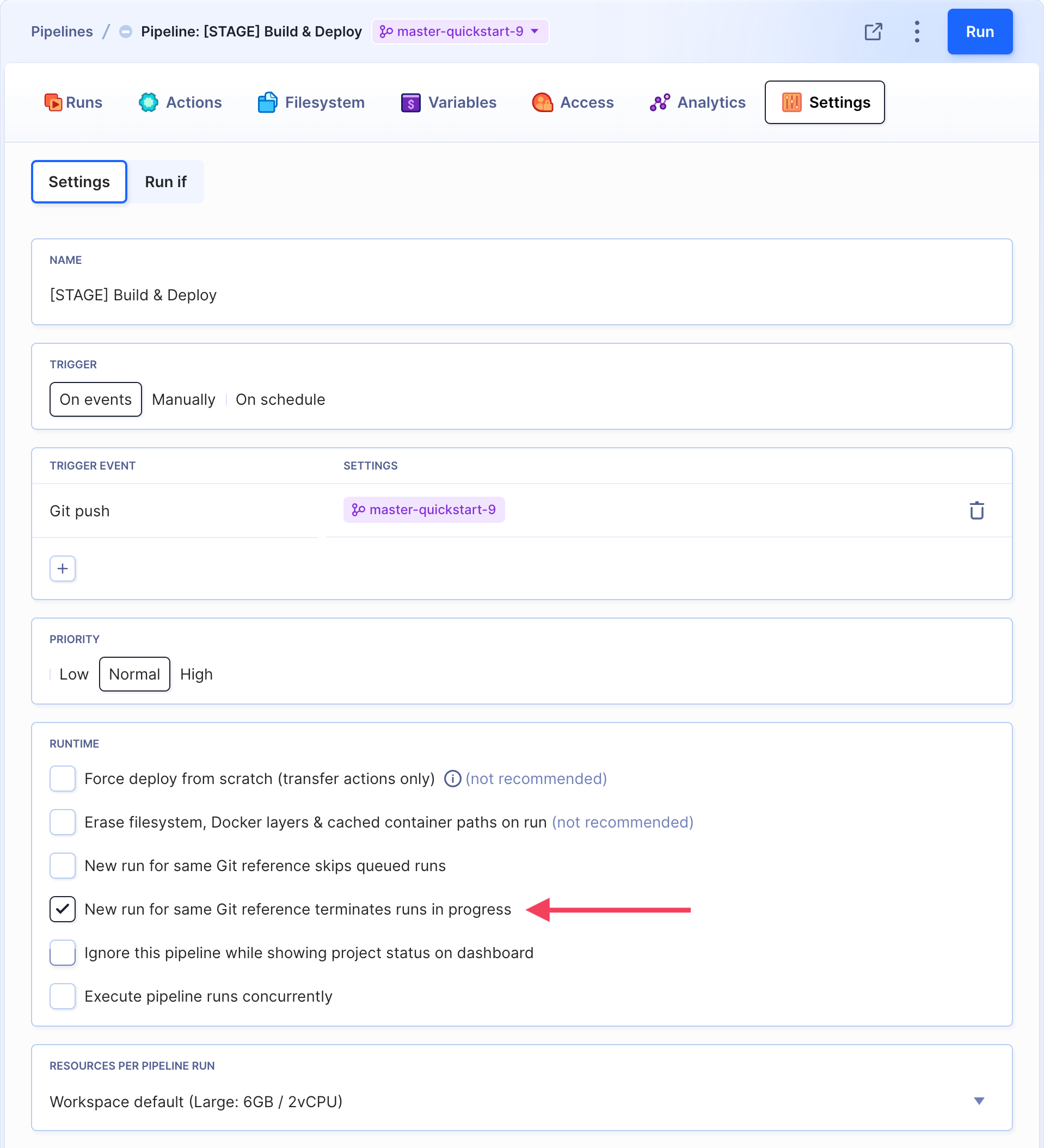 Pipeline settings with runtime options