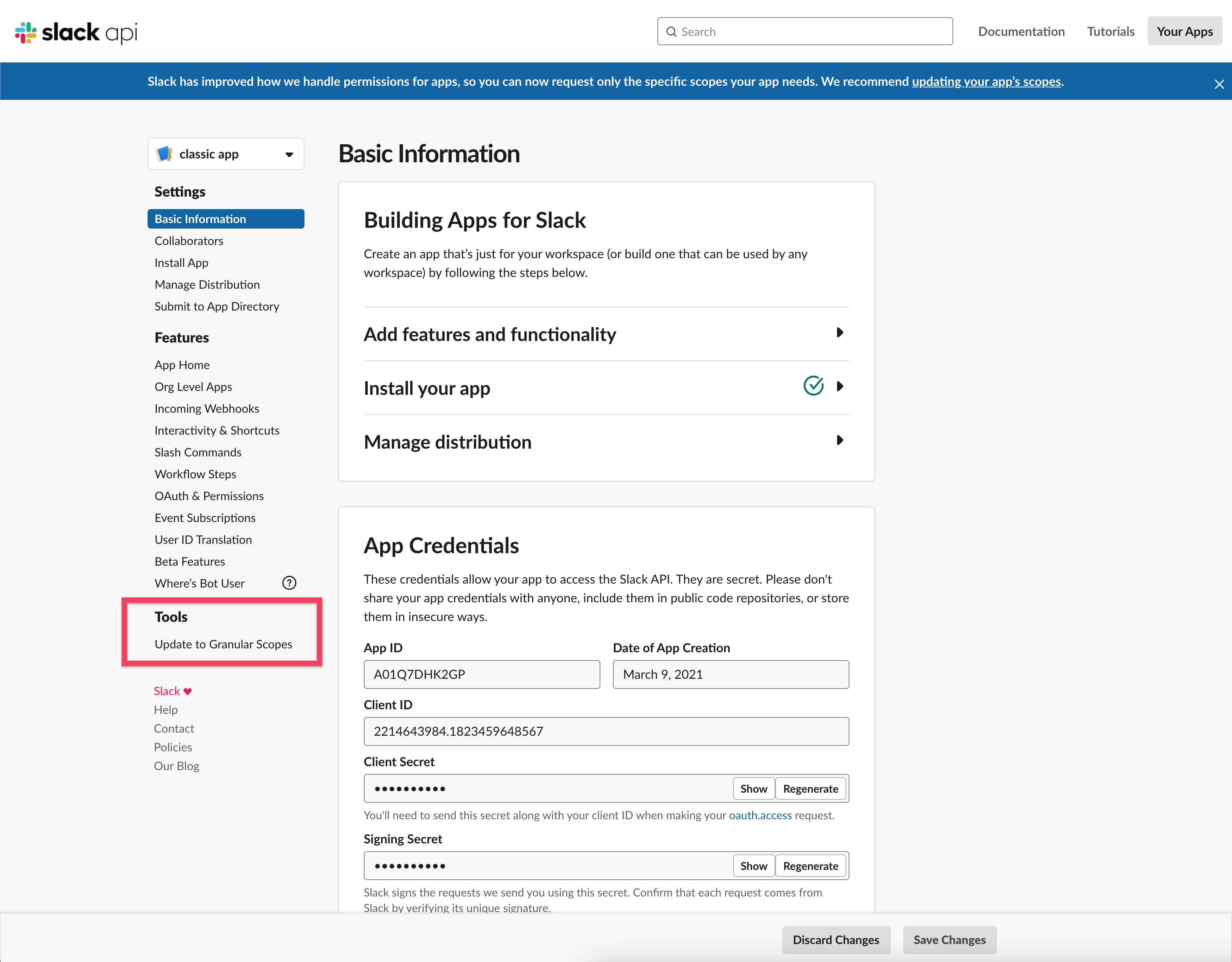 Slack app settings