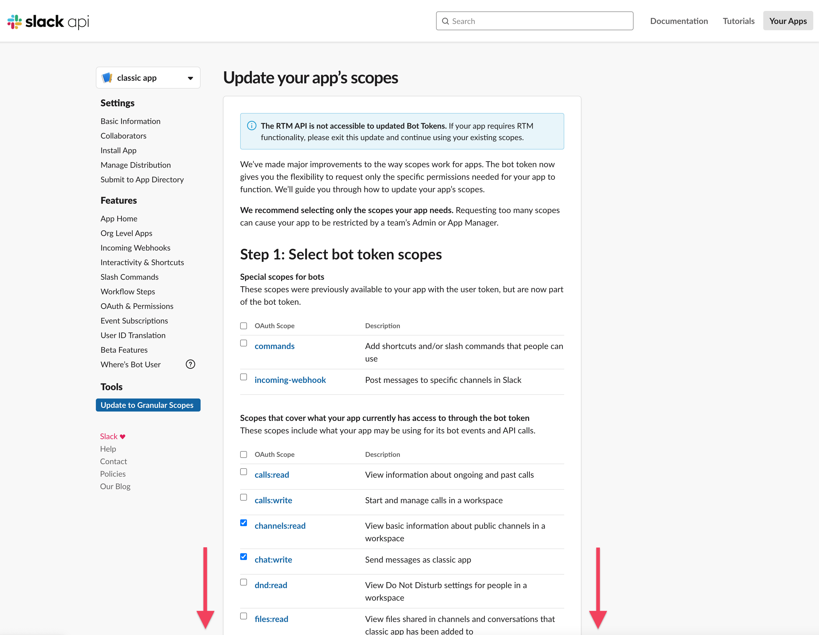 Updating app scopes