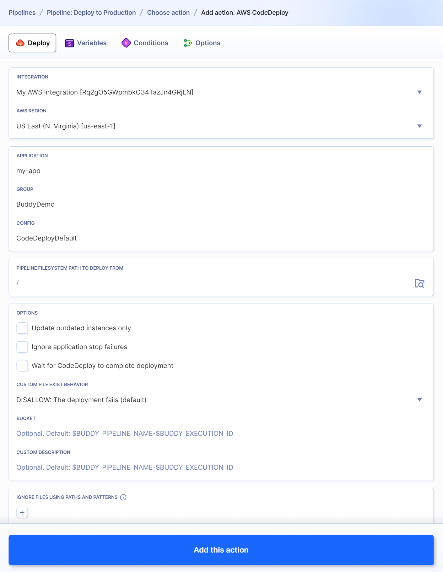 AWS CodeDeploy action configuration