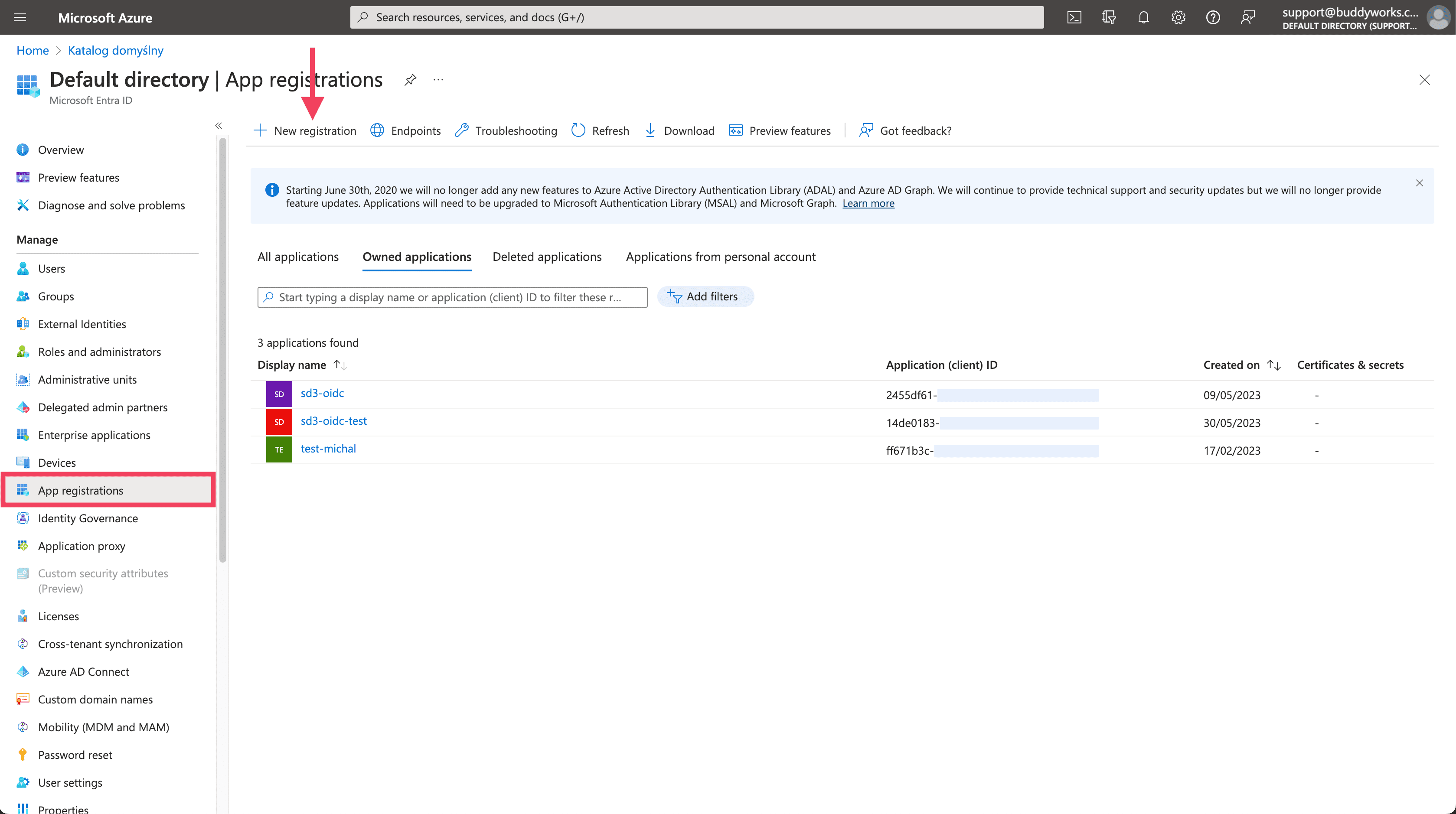 App registration window in Azure