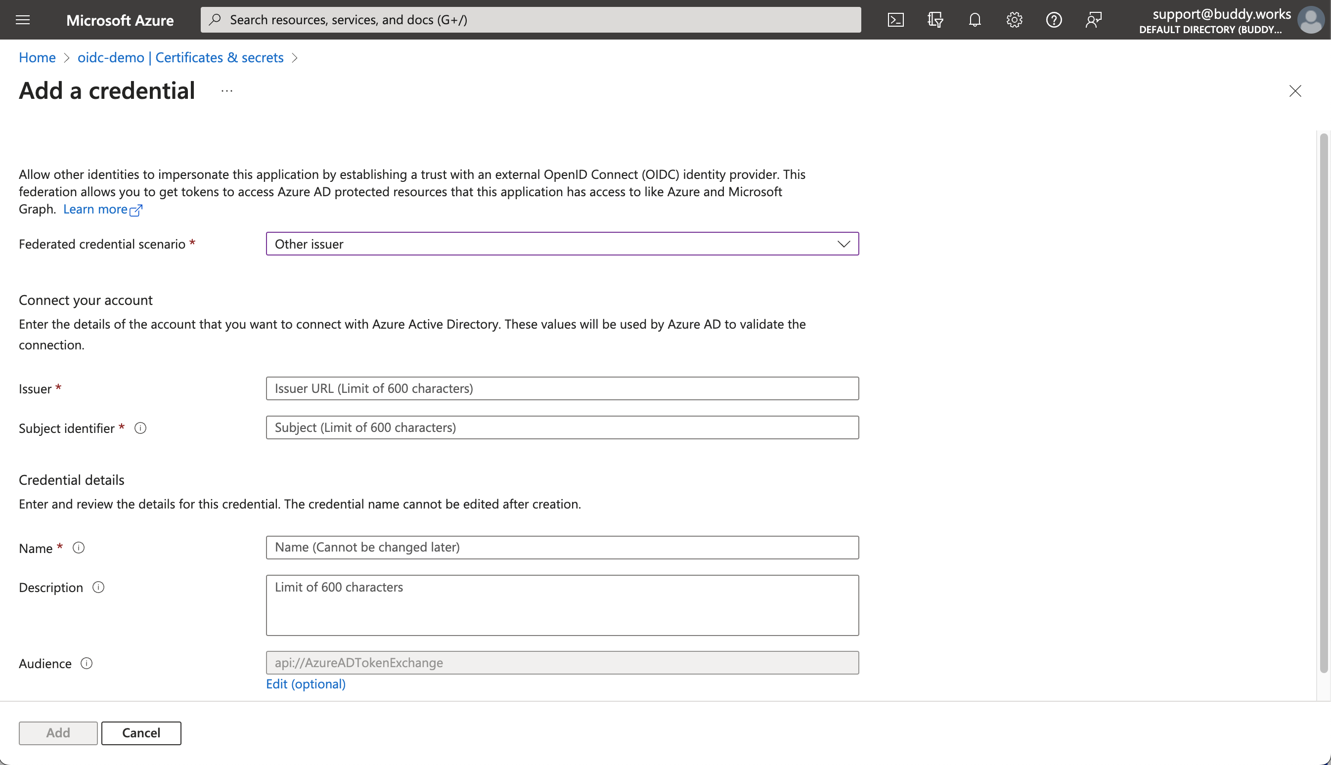 Adding credential in Azure