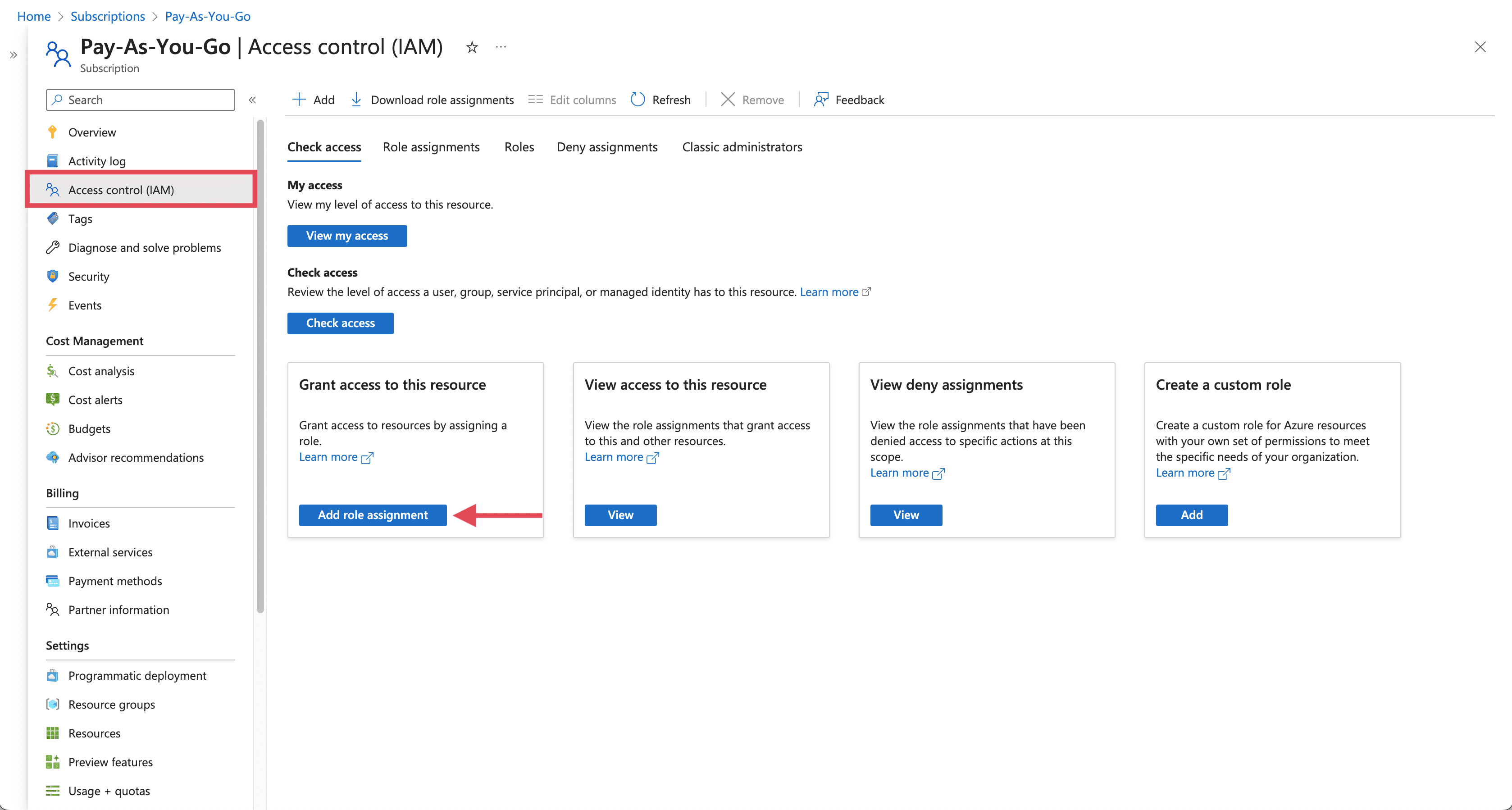 Access control (IAM) tab in Azure