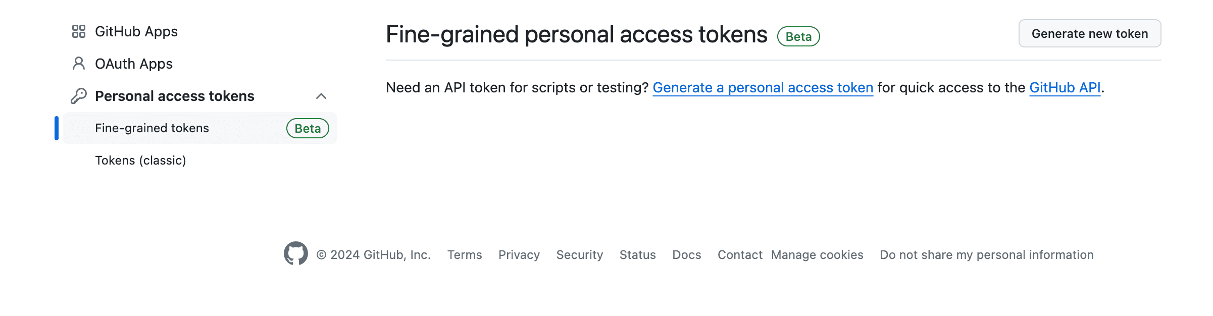 Generating new fine-grained token in GitHub