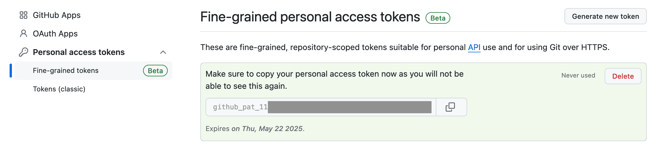 Newly generated token in GitHub