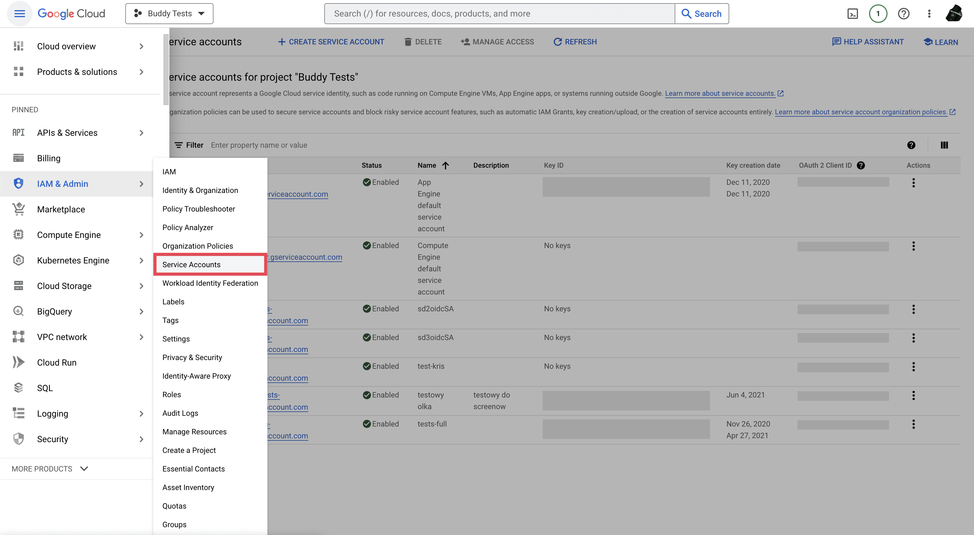 Service accounts in gcloud panel