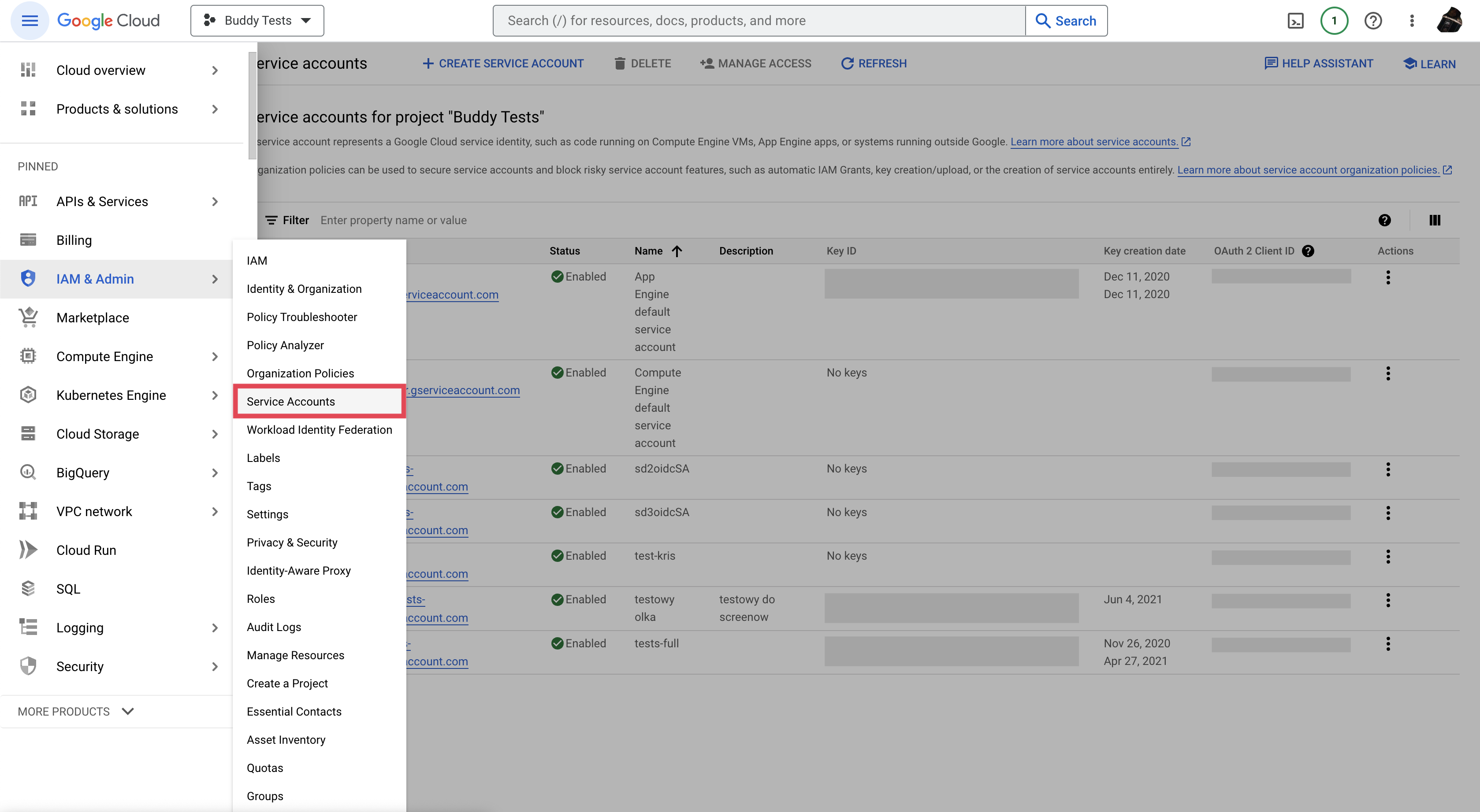 Service accounts in Google Cloud panel